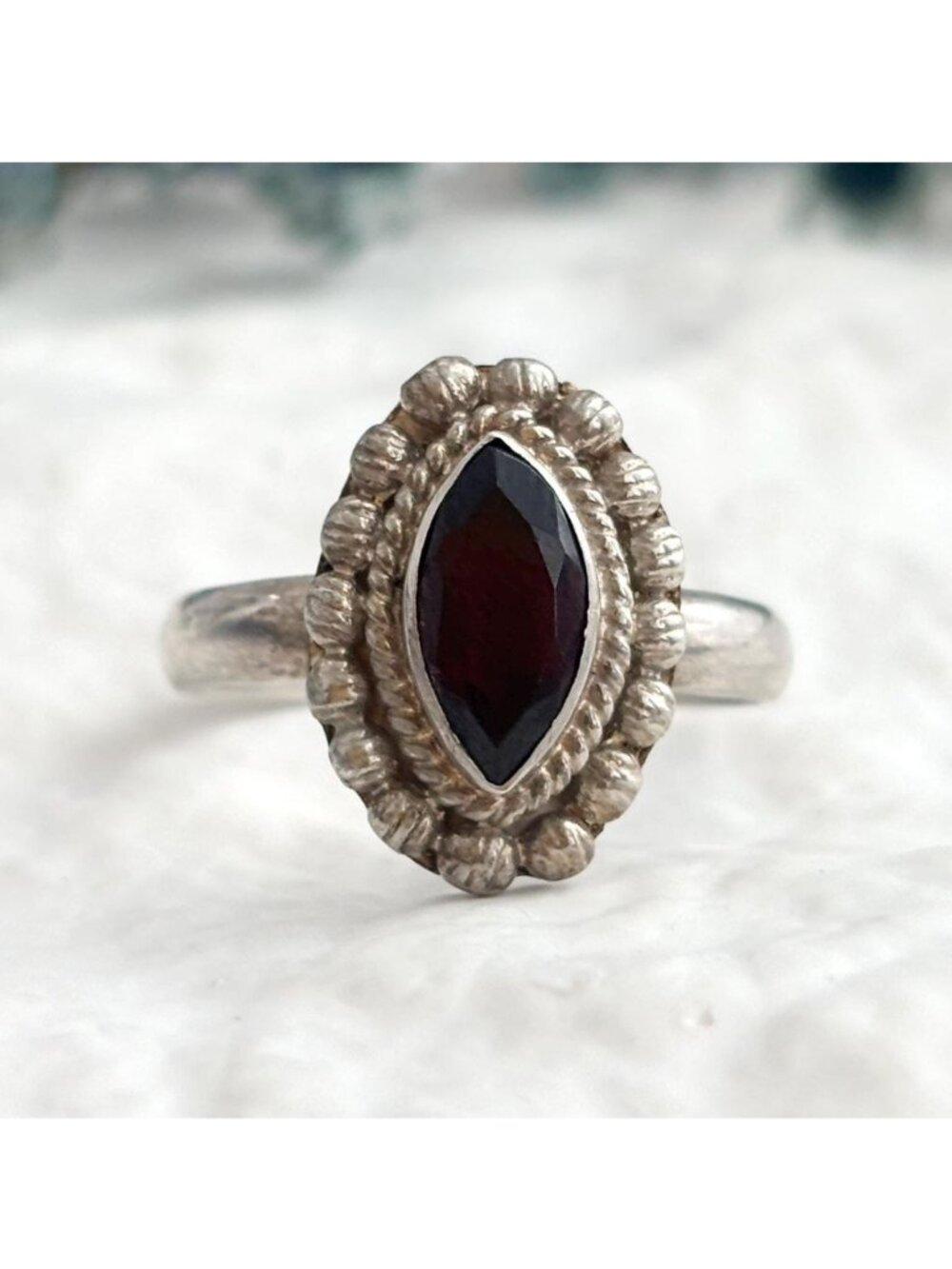 Garnet Marquise Cut Beaded Southwest Sterling Silver 925 Vintage Ring - sz 7.5